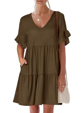 Anrabess Women's Coffee Floral Neck Ruffle Sleeve A Line Tiered Mini Flowy Dress